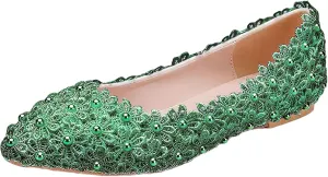 ANUFER Womens Elegant Pointed Toe Flower Lace Pearls Bridal Shoes Pumps Soft Sole Ballet Flats