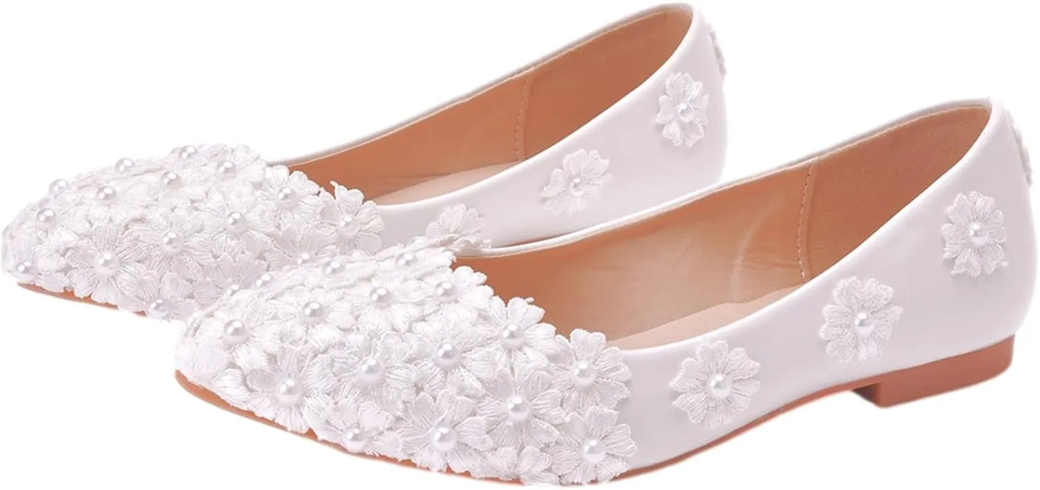 ANUFER Womens Elegant Pointed Toe Flower Lace Pearls Bridal Shoes Pumps Soft Sole Ballet Flats