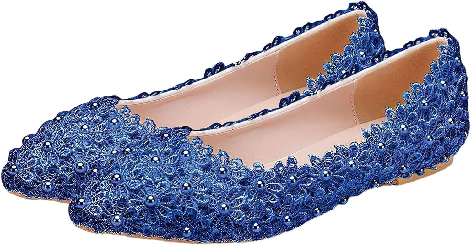 ANUFER Womens Elegant Pointed Toe Flower Lace Pearls Bridal Shoes Pumps Soft Sole Ballet Flats