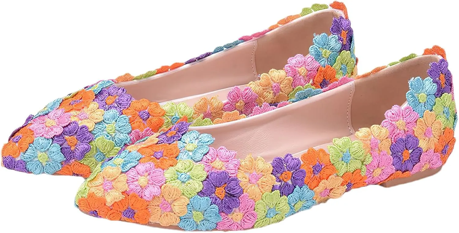 ANUFER Womens Elegant Pointed Toe Flower Lace Pearls Bridal Shoes Pumps Soft Sole Ballet Flats