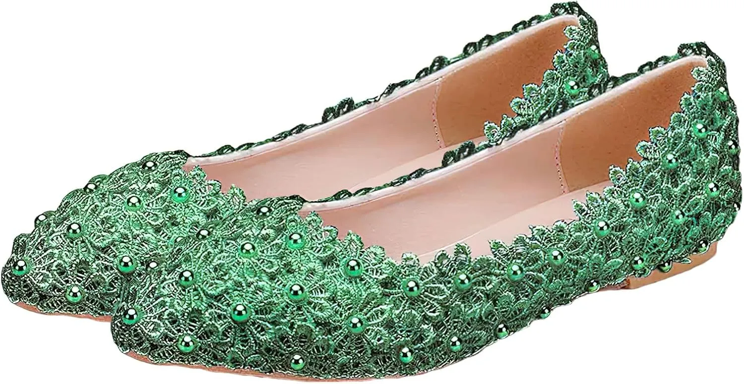 ANUFER Womens Elegant Pointed Toe Flower Lace Pearls Bridal Shoes Pumps Soft Sole Ballet Flats