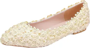 ANUFER Womens Elegant Pointed Toe Flower Lace Pearls Bridal Shoes Pumps Soft Sole Ballet Flats