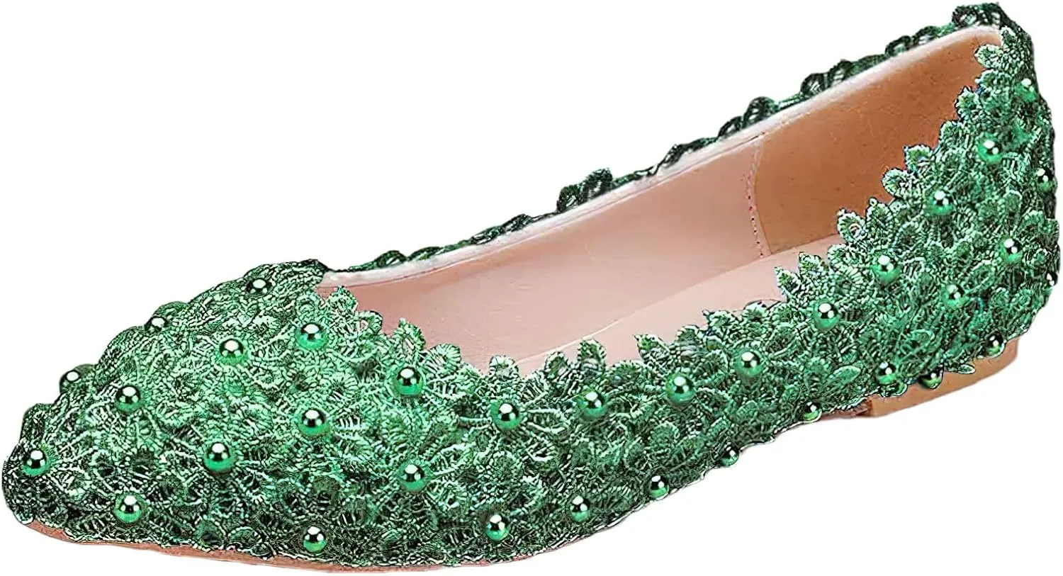 ANUFER Womens Elegant Pointed Toe Flower Lace Pearls Bridal Shoes Pumps Soft Sole Ballet Flats