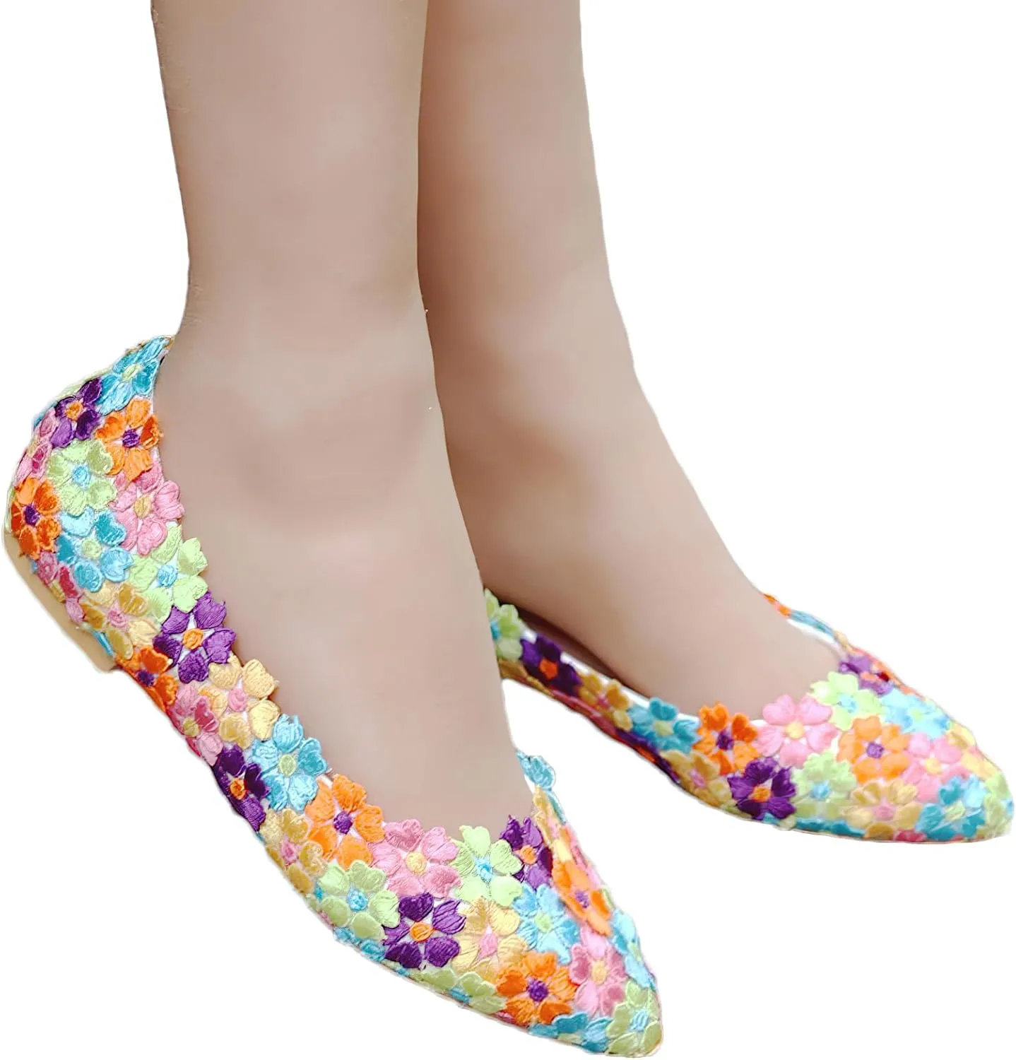 ANUFER Womens Elegant Pointed Toe Flower Lace Pearls Bridal Shoes Pumps Soft Sole Ballet Flats