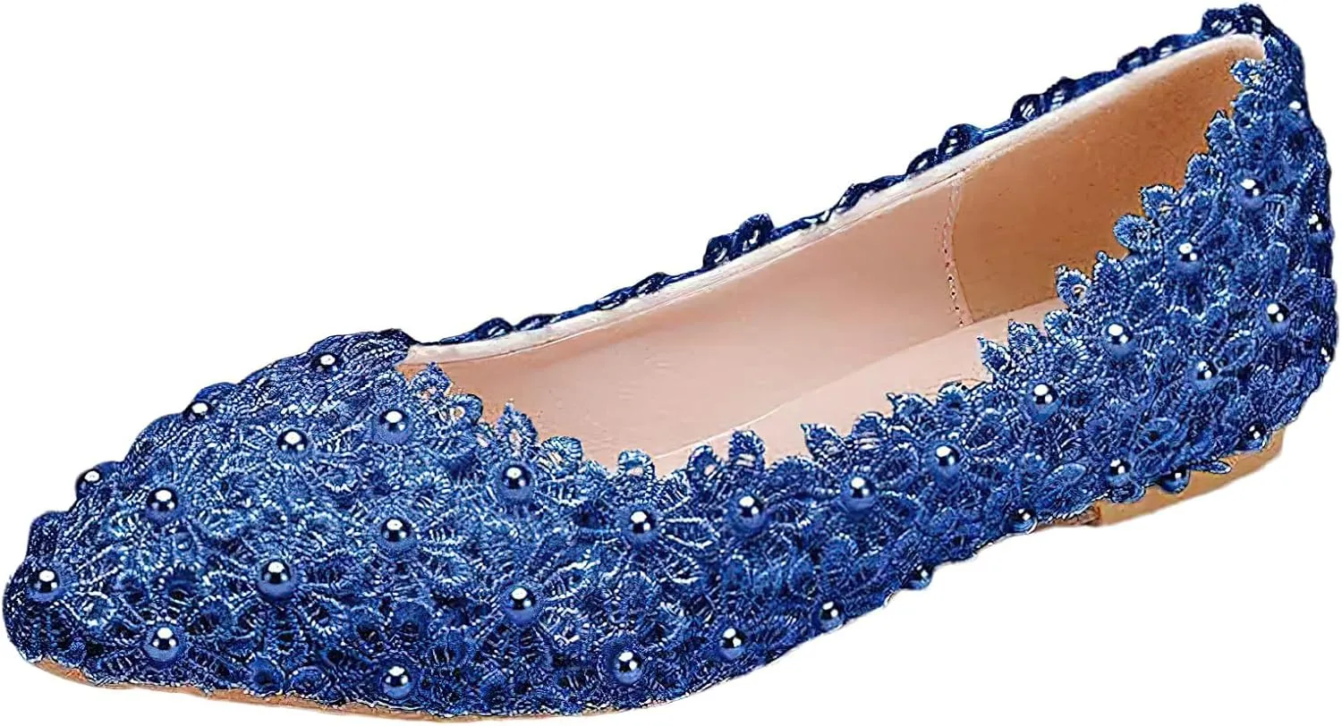 ANUFER Womens Elegant Pointed Toe Flower Lace Pearls Bridal Shoes Pumps Soft Sole Ballet Flats