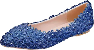 ANUFER Womens Elegant Pointed Toe Flower Lace Pearls Bridal Shoes Pumps Soft Sole Ballet Flats