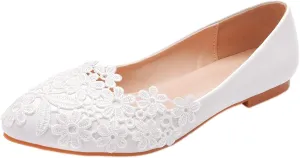 ANUFER Womens Elegant Pointed Toe Flower Lace Pearls Bridal Shoes Pumps Soft Sole Ballet Flats
