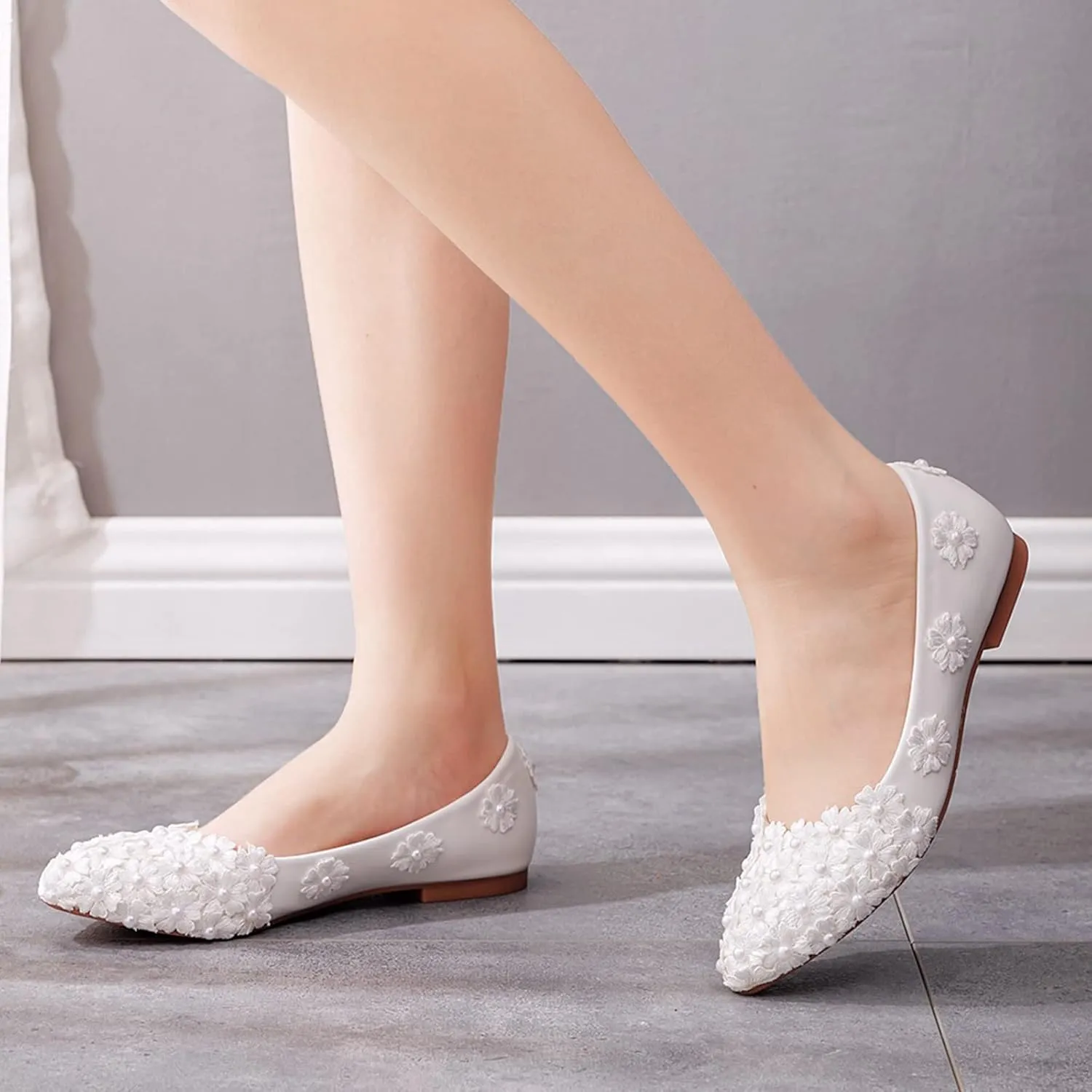 ANUFER Womens Elegant Pointed Toe Flower Lace Pearls Bridal Shoes Pumps Soft Sole Ballet Flats