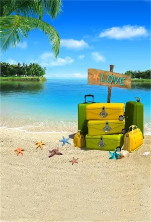 AOFOTO 6x8ft Suitcase On Sand Beach Background Tropical Island Trip Photography Backdrop Seaside Starfish Lovers Boy Girl Kid Adult Portrait Valentine's Day Photo Studio Props Video Drape Wallpaper