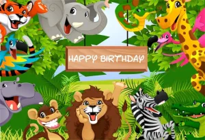 AOFOTO 7x5ft Cartoon Safari Park Animals Backdrop Kids Happy Birthday Party Decorations Fauna Jungle Forest Wildlife Elephant Photography Background Baby Zoo Theme Boy 1st Bday Photo Studio Prop Vinyl
