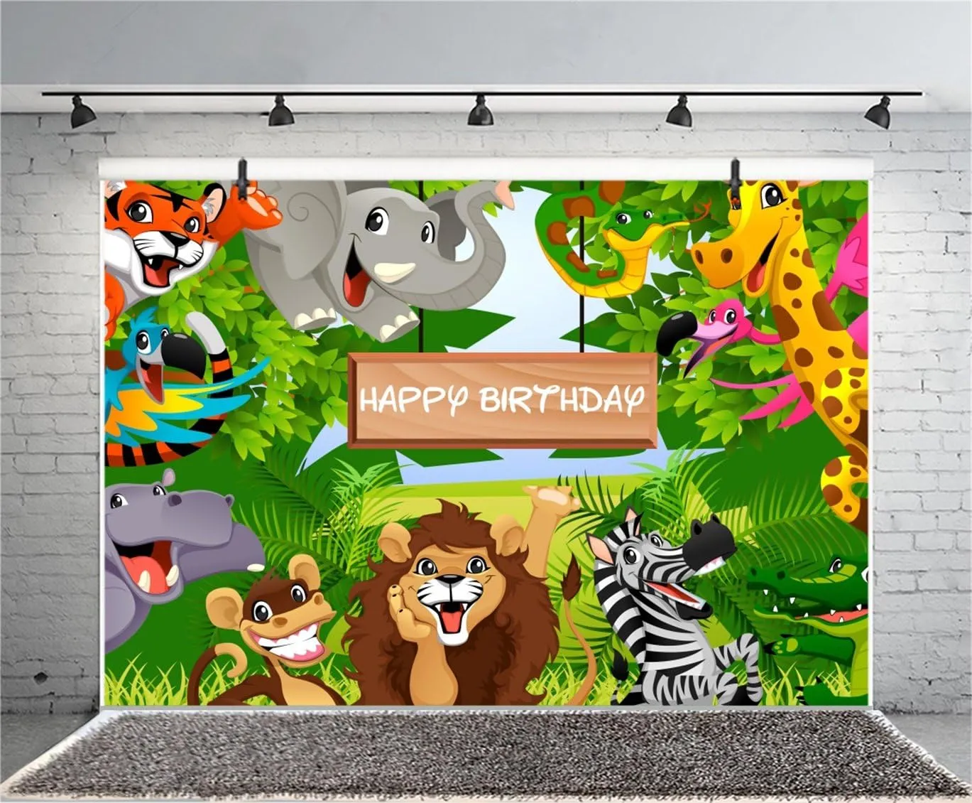 AOFOTO 7x5ft Cartoon Safari Park Animals Backdrop Kids Happy Birthday Party Decorations Fauna Jungle Forest Wildlife Elephant Photography Background Baby Zoo Theme Boy 1st Bday Photo Studio Prop Vinyl