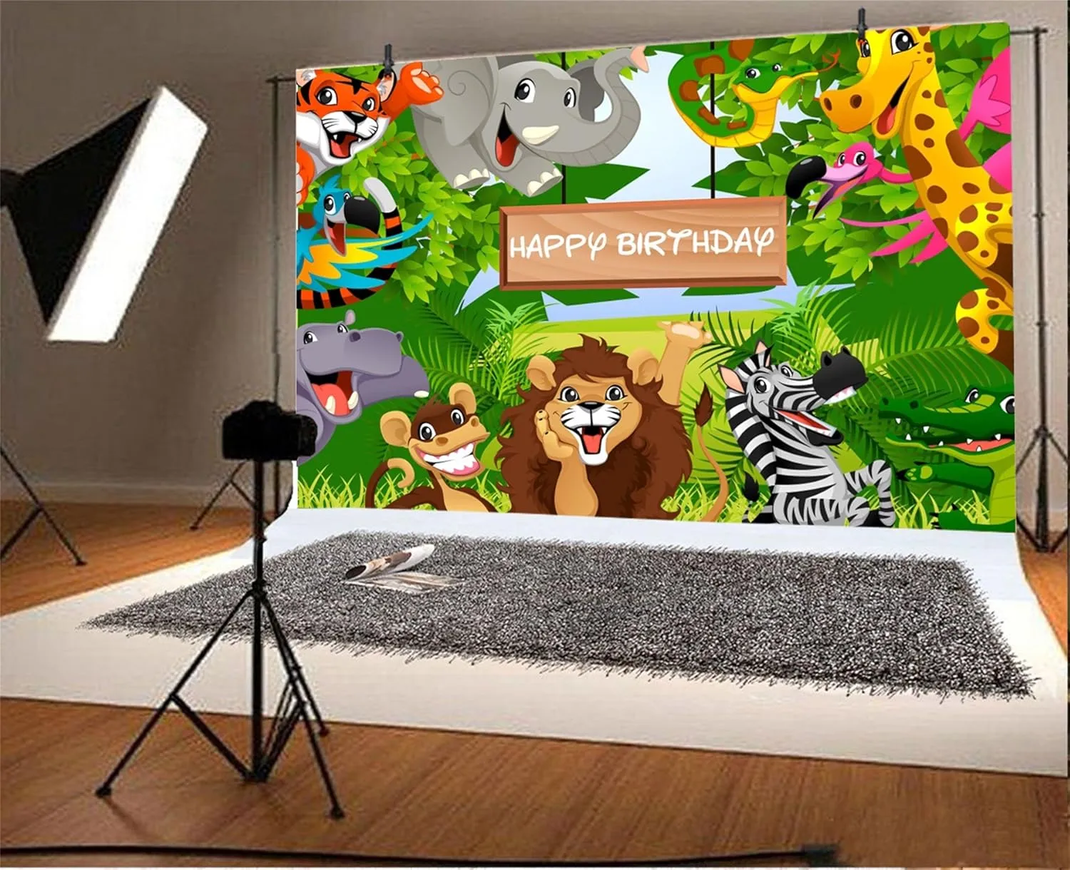 AOFOTO 7x5ft Cartoon Safari Park Animals Backdrop Kids Happy Birthday Party Decorations Fauna Jungle Forest Wildlife Elephant Photography Background Baby Zoo Theme Boy 1st Bday Photo Studio Prop Vinyl