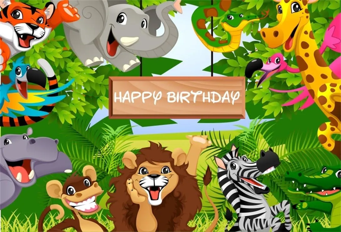 AOFOTO 7x5ft Cartoon Safari Park Animals Backdrop Kids Happy Birthday Party Decorations Fauna Jungle Forest Wildlife Elephant Photography Background Baby Zoo Theme Boy 1st Bday Photo Studio Prop Vinyl