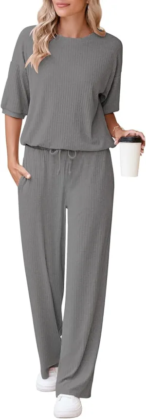 AOHITE Womens 2 Piece Outfits Lounge Sets Short Sleeve Pullover Tops Elastic Wide Leg Pants Set Sweatsuits Tracksuit
