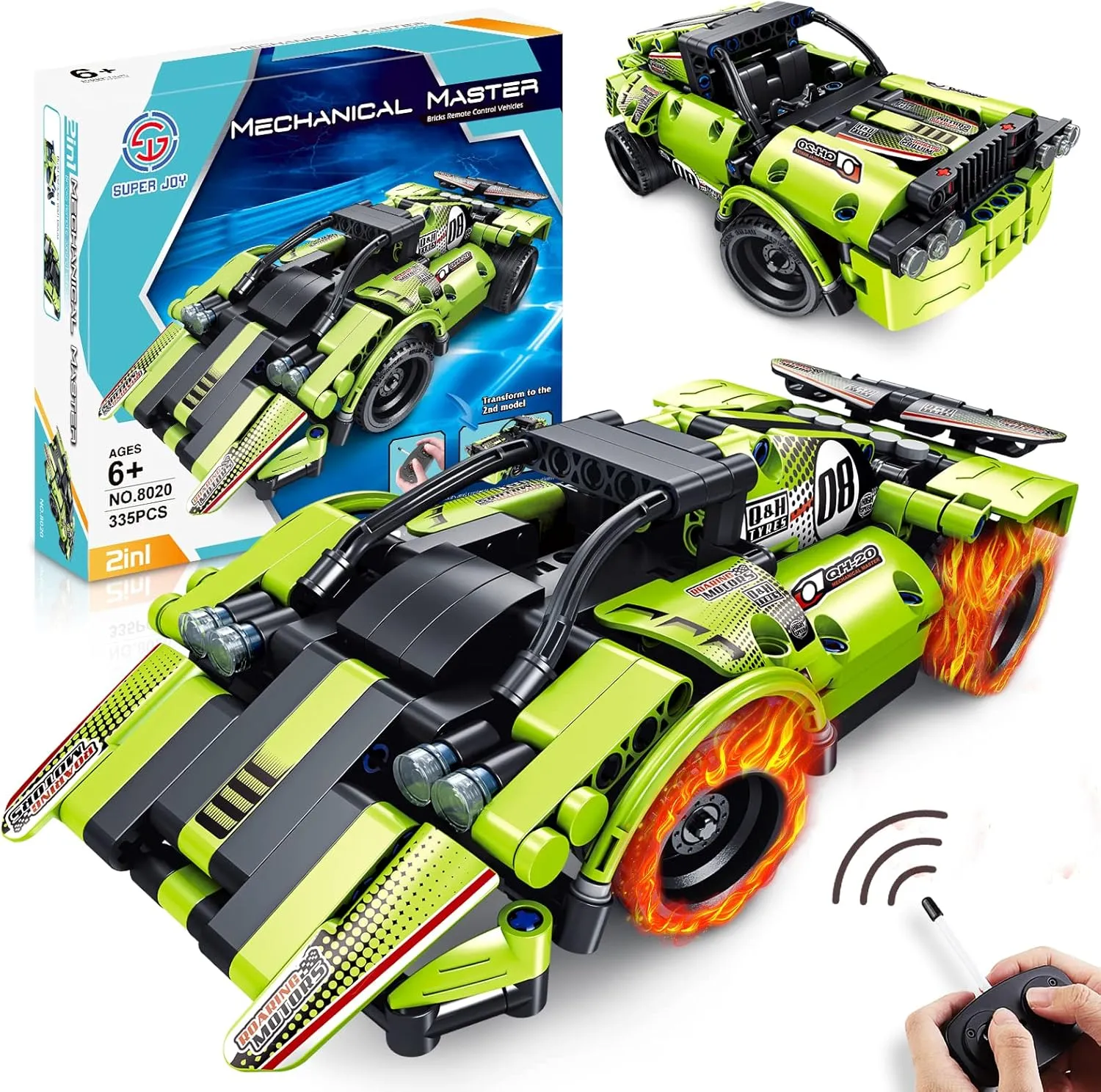 AOKESI STEM Building Toys for Kids, 335 Piece Building Kit 2 in 1 Remote Control Racing Car Snap Together Engineering Kits Early Learning Race car Building Blocks Best Gift for 6＋Years Boy Girl Adult
