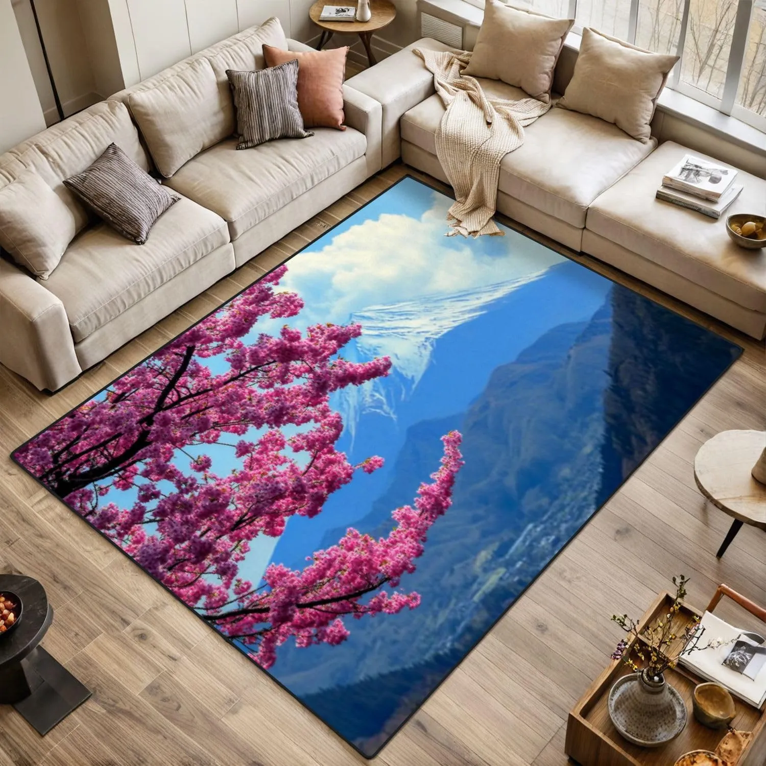Area Rug Mt Cherry Blossom View from Mt Matsuda Kanagawa Prefecture Washable 6x9 feet Large Rugs for Bedroom Kitchen Living Room Non Slip Outdoor Carpets Soft Mats for Home Playroom Decor
