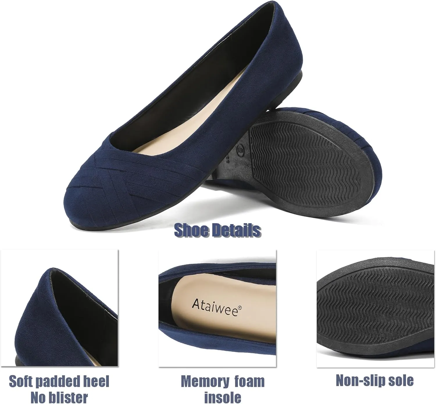 Ataiwee Women's Wide Width Flats Shoes - Casual Comfortable Round Toe Plus Size Ballet Shoes.