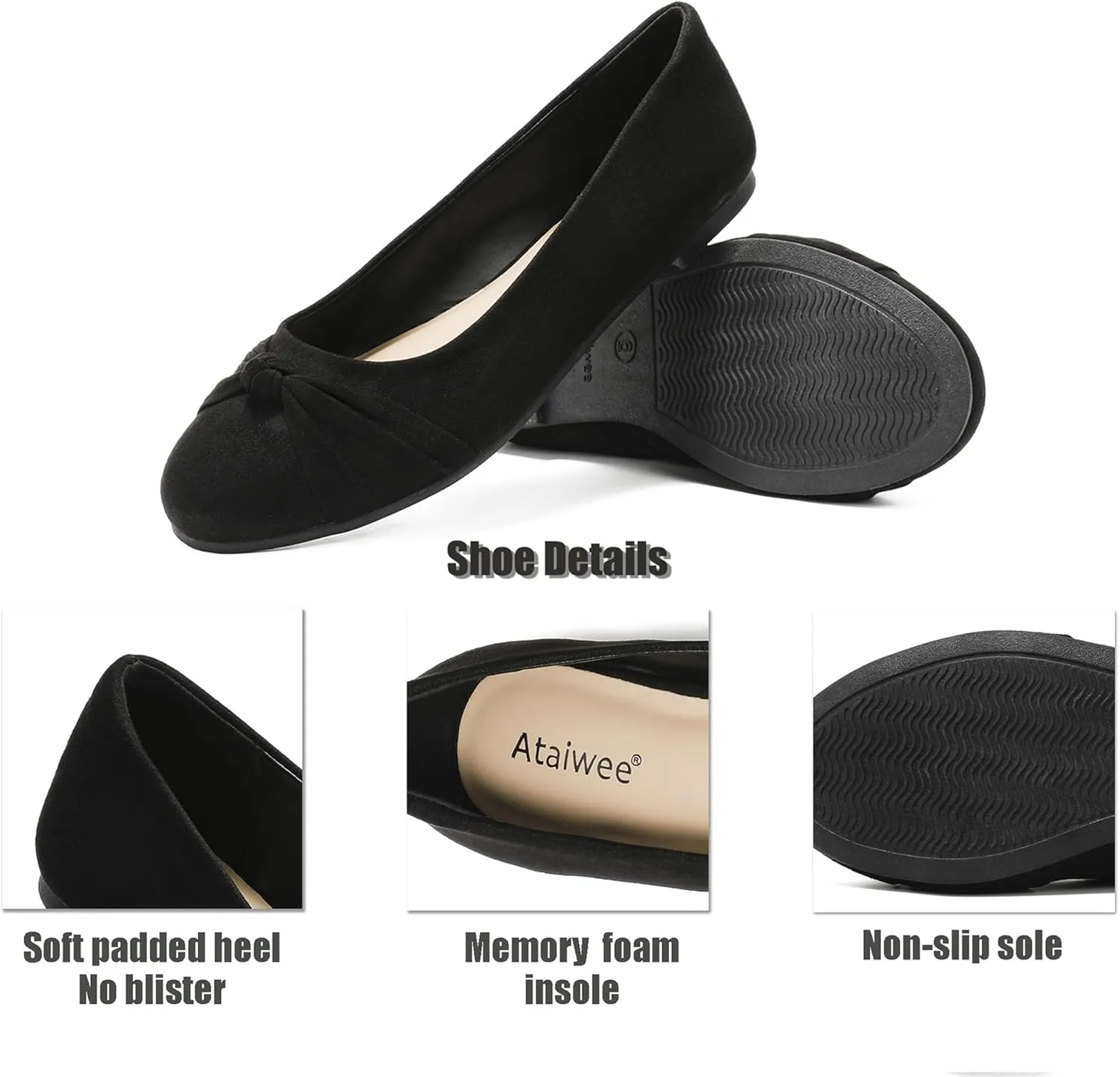 Ataiwee Women's Wide Width Flats Shoes - Ladies Cute and Comfortable Dress Ballet Shoes.