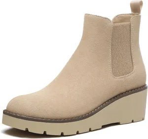 Athlefit Women's Chelsea Wedge Boots Elastic Platform Lug Sole Slip on Wedge Ankle Booties