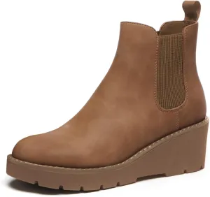 Athlefit Women's Chelsea Wedge Boots Elastic Platform Lug Sole Slip on Wedge Ankle Booties