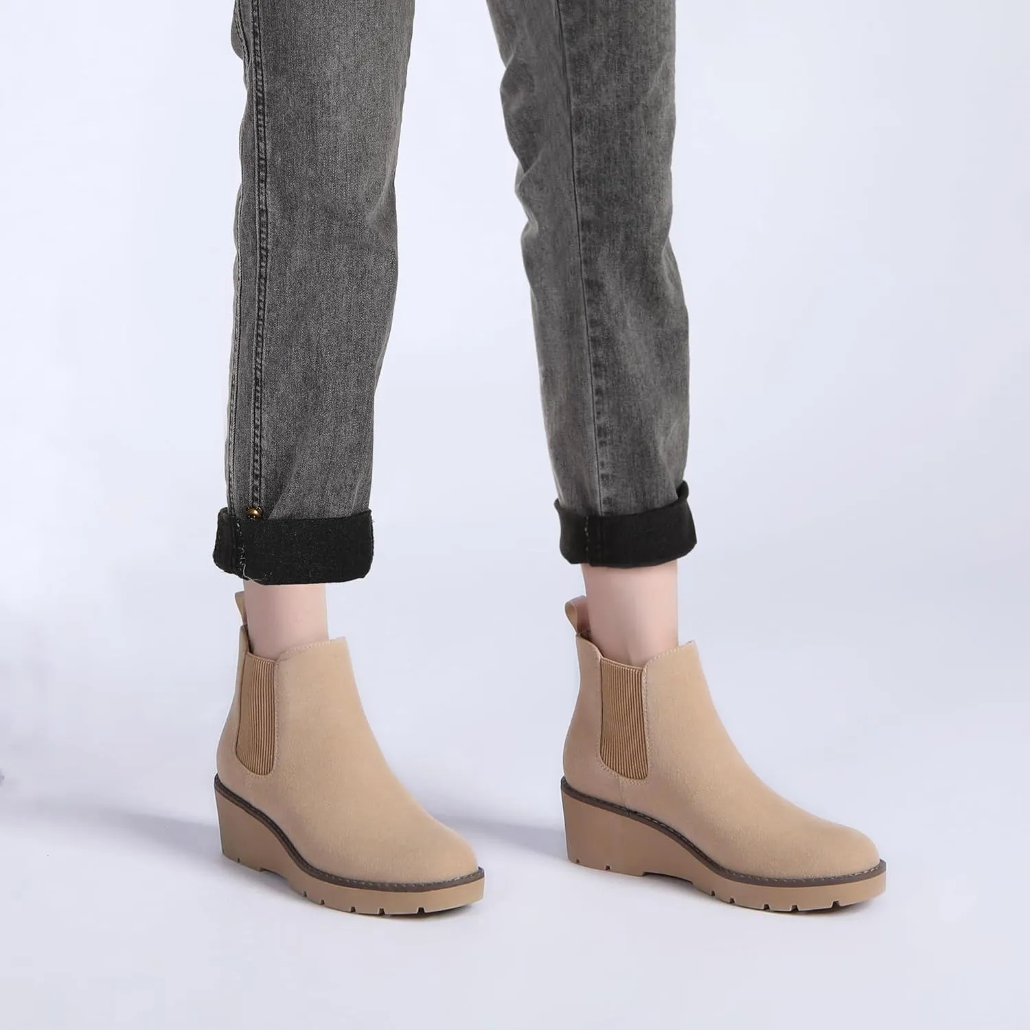 Athlefit Women's Chelsea Wedge Boots Elastic Platform Lug Sole Slip on Wedge Ankle Booties