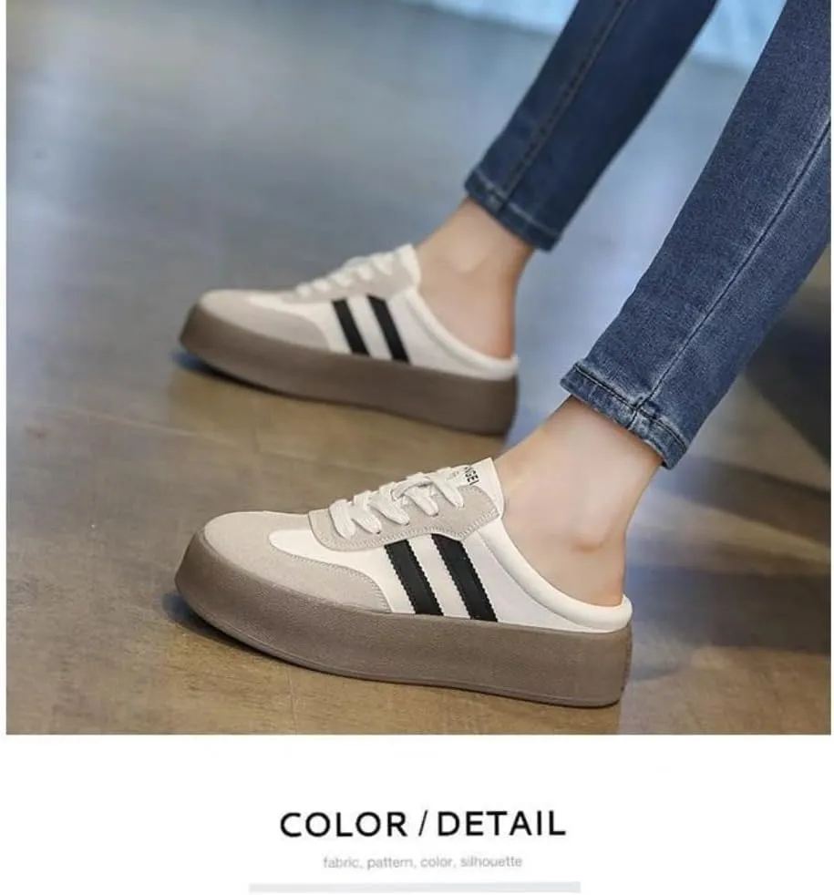 Backless Tennis Shoes for Women Wide Mule Sneakers Slip on Backless Sneakers Platform Canvas Mules Non Slip Chunky Thick Sole Lace Up Breathable Mesh Casual Walking Slides Lightweight Round Toe Girl