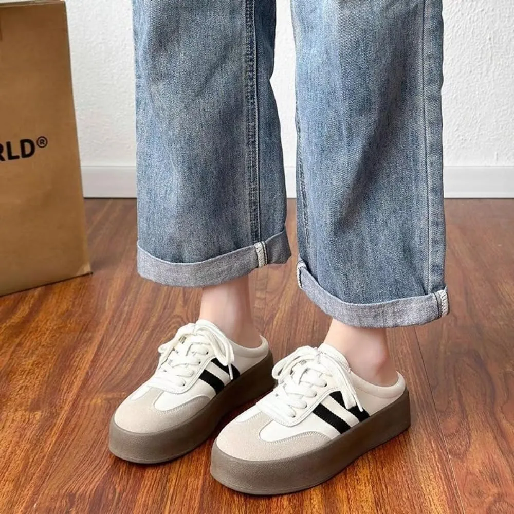 Backless Tennis Shoes for Women Wide Mule Sneakers Slip on Backless Sneakers Platform Canvas Mules Non Slip Chunky Thick Sole Lace Up Breathable Mesh Casual Walking Slides Lightweight Round Toe Girl