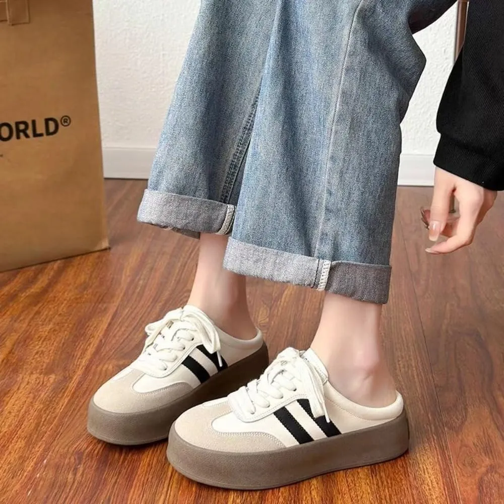 Backless Tennis Shoes for Women Wide Mule Sneakers Slip on Backless Sneakers Platform Canvas Mules Non Slip Chunky Thick Sole Lace Up Breathable Mesh Casual Walking Slides Lightweight Round Toe Girl