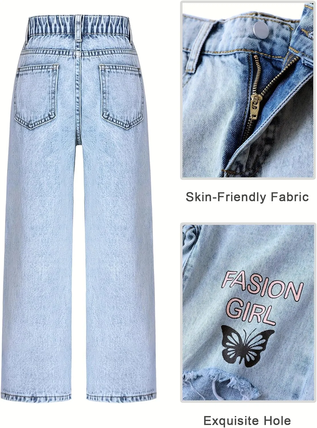 Baggy Jeans for Girls Wide Leg Ripped High Elastic Waisted Denim Pants Cute Summer Trousers Y2K Streetwear 7-14Y