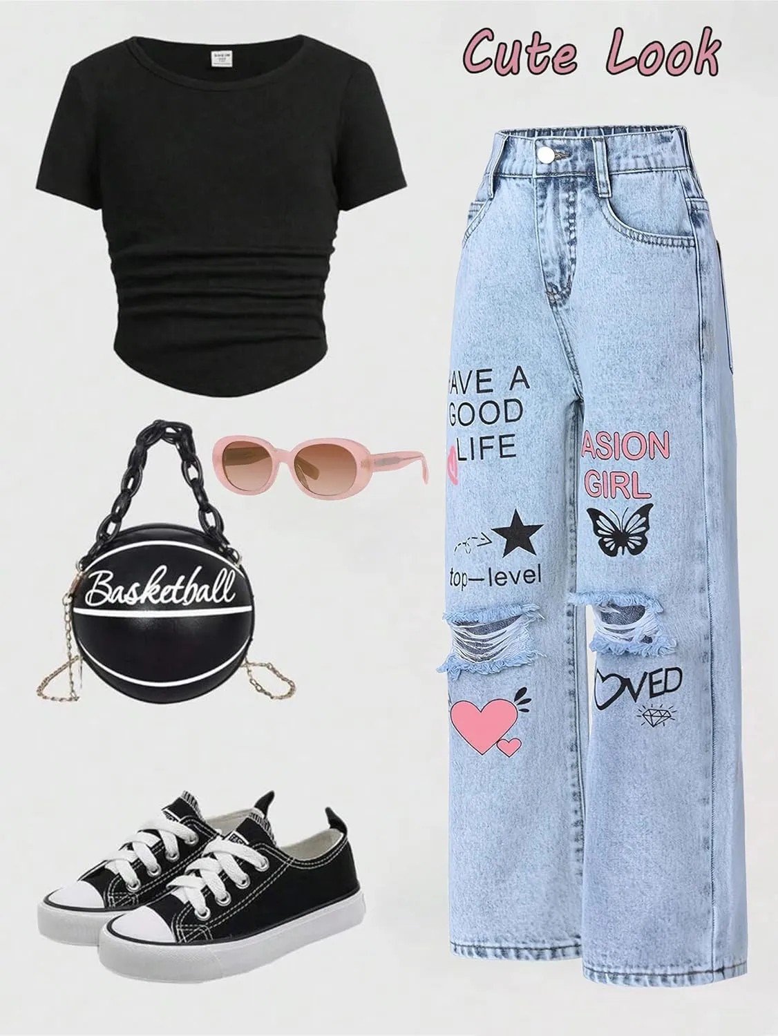 Baggy Jeans for Girls Wide Leg Ripped High Elastic Waisted Denim Pants Cute Summer Trousers Y2K Streetwear 7-14Y