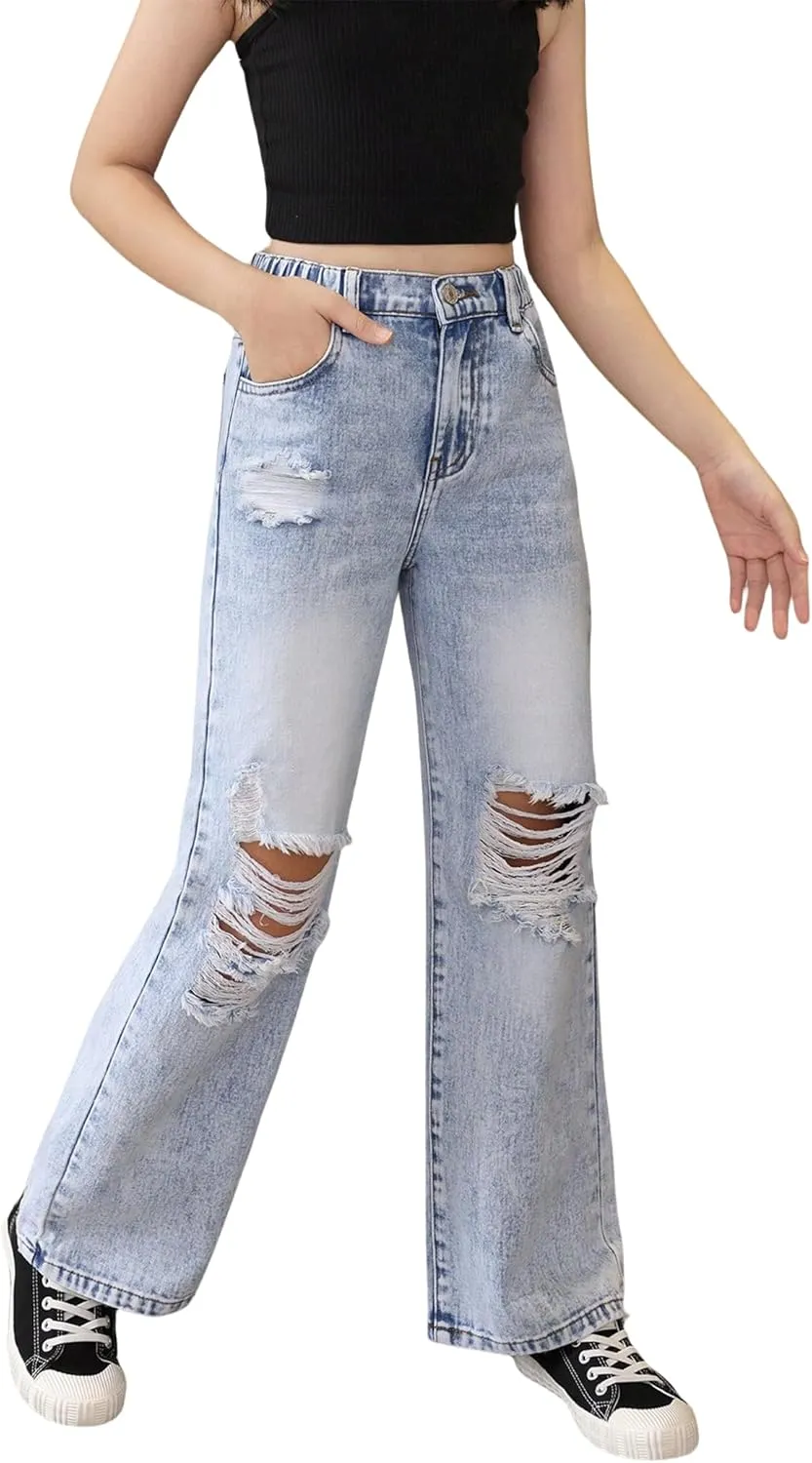 Baggy Jeans for Girls Wide Leg Ripped High Elastic Waisted Denim Pants Cute Summer Trousers Y2K Streetwear 7-14Y