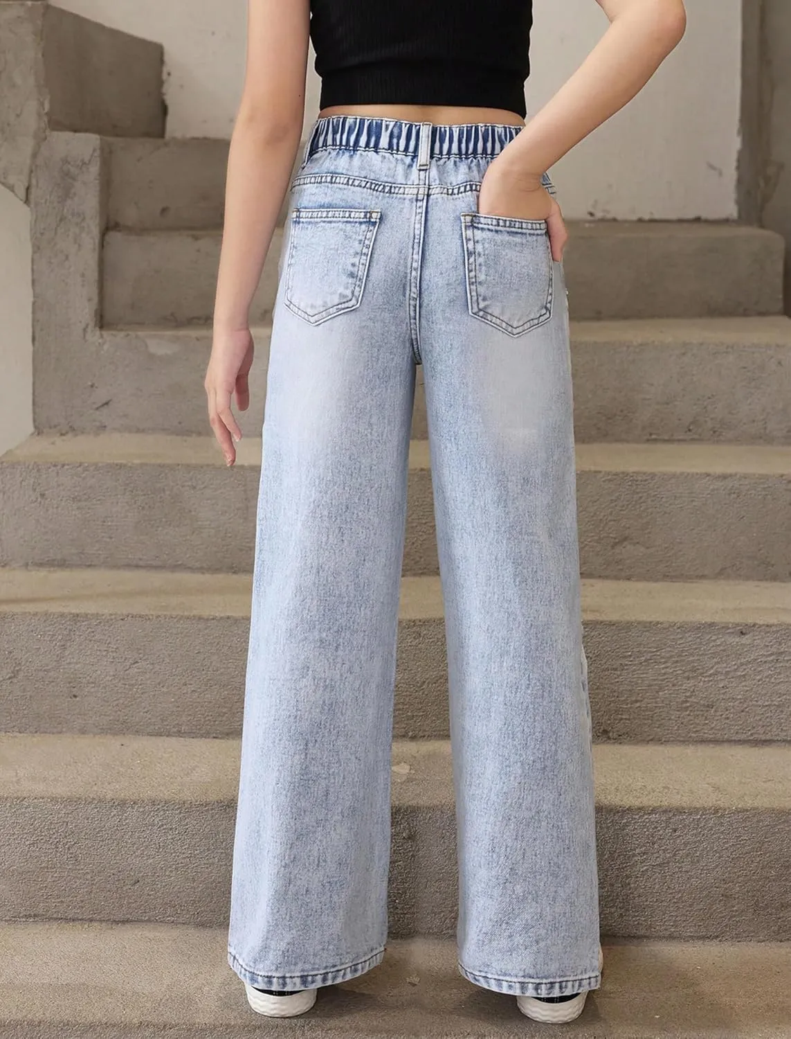 Baggy Jeans for Girls Wide Leg Ripped High Elastic Waisted Denim Pants Cute Summer Trousers Y2K Streetwear 7-14Y
