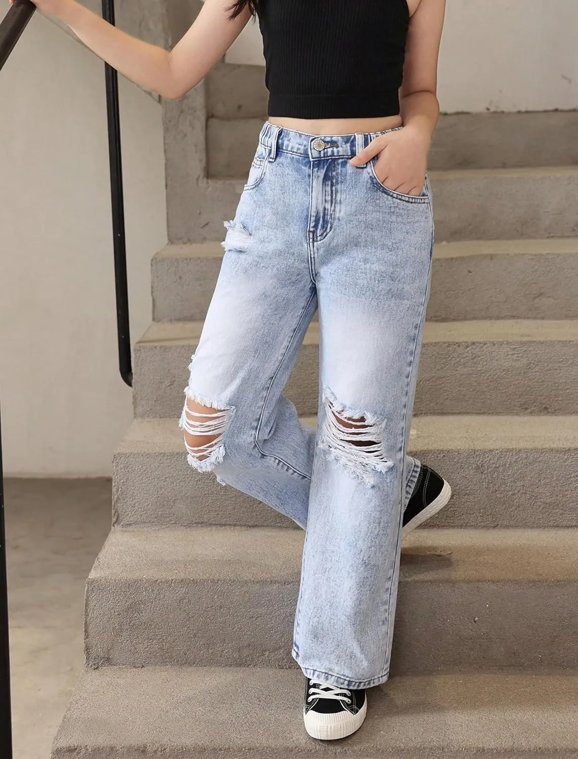 Baggy Jeans for Girls Wide Leg Ripped High Elastic Waisted Denim Pants Cute Summer Trousers Y2K Streetwear 7-14Y