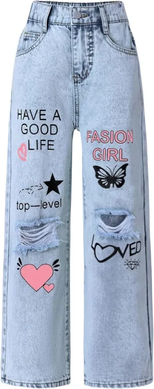 Baggy Jeans for Girls Wide Leg Ripped High Elastic Waisted Denim Pants Cute Summer Trousers Y2K Streetwear 7-14Y