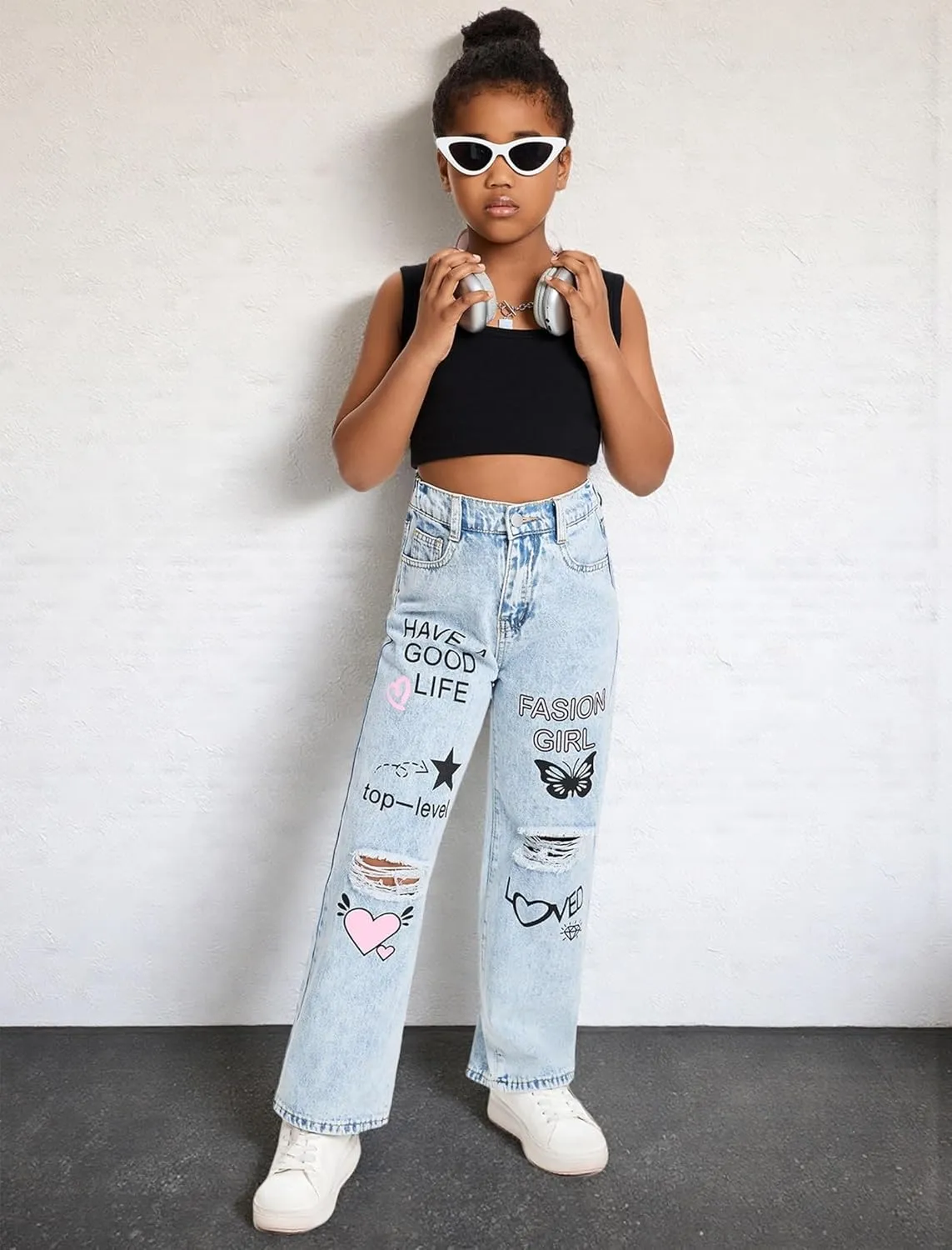 Baggy Jeans for Girls Wide Leg Ripped High Elastic Waisted Denim Pants Cute Summer Trousers Y2K Streetwear 7-14Y
