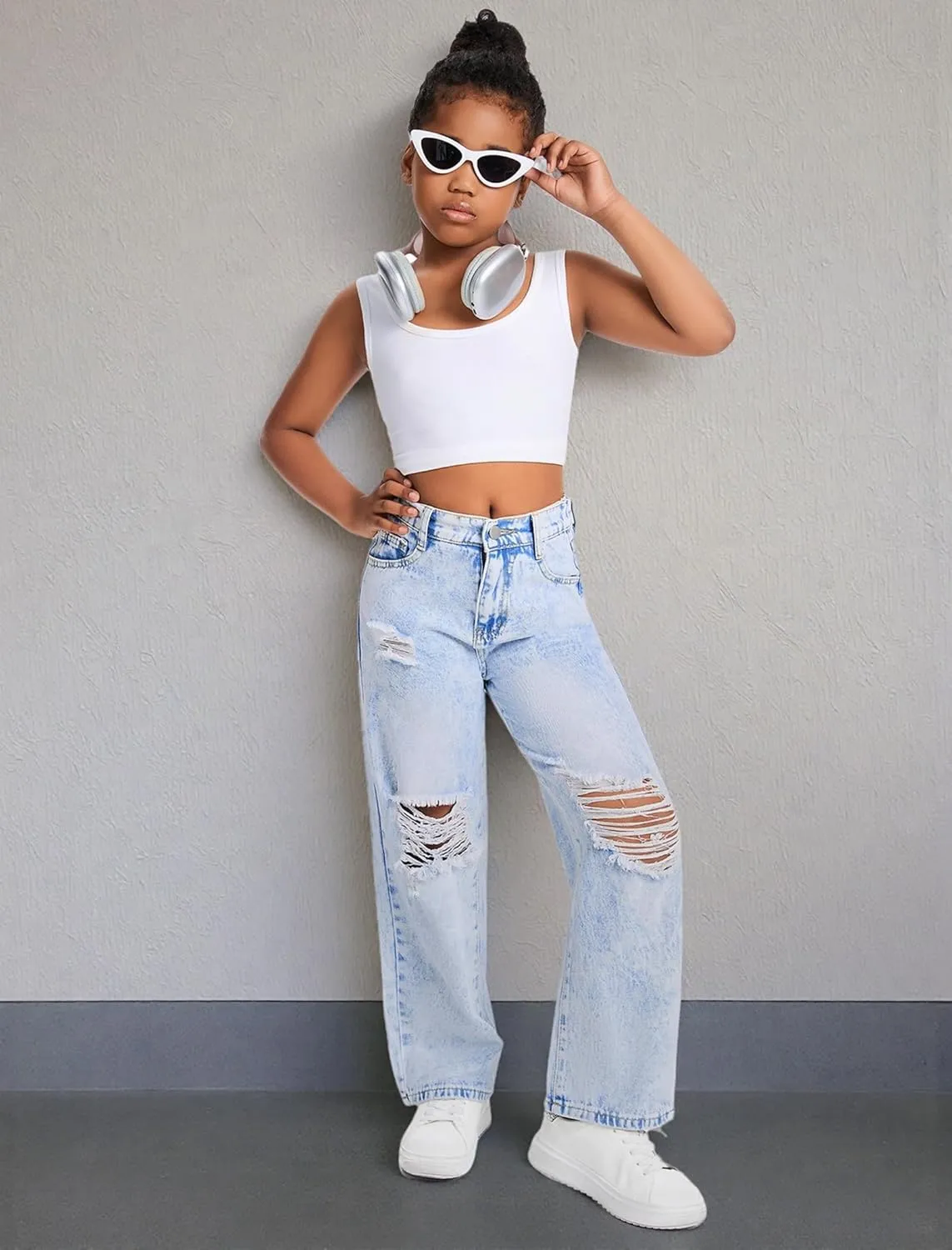 Baggy Jeans for Girls Wide Leg Ripped High Elastic Waisted Denim Pants Cute Summer Trousers Y2K Streetwear 7-14Y