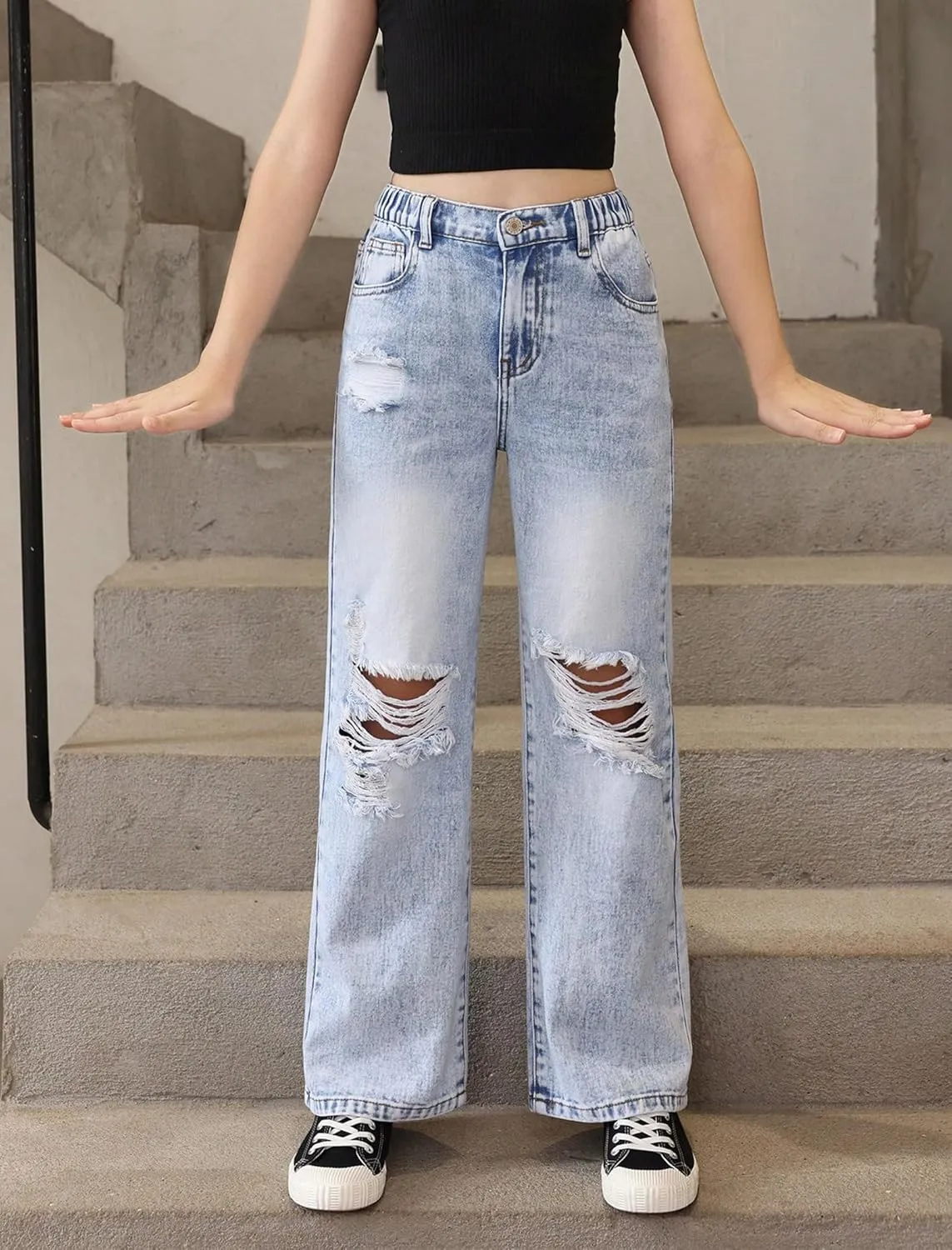 Baggy Jeans for Girls Wide Leg Ripped High Elastic Waisted Denim Pants Cute Summer Trousers Y2K Streetwear 7-14Y