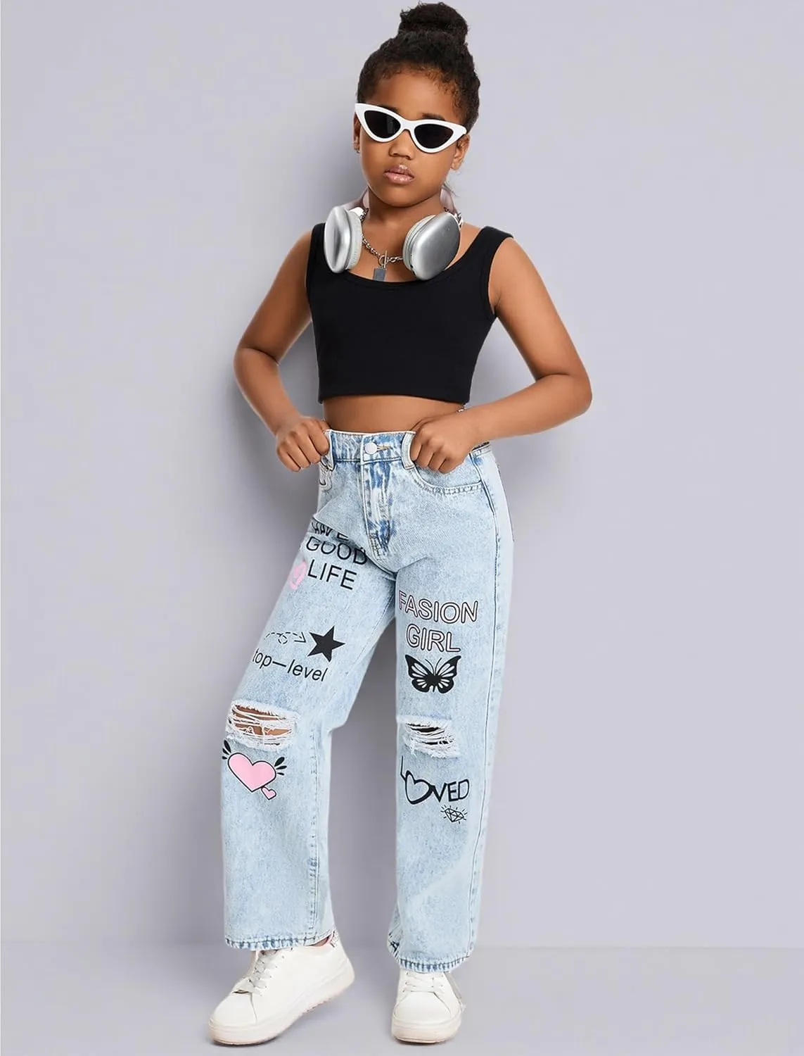 Baggy Jeans for Girls Wide Leg Ripped High Elastic Waisted Denim Pants Cute Summer Trousers Y2K Streetwear 7-14Y