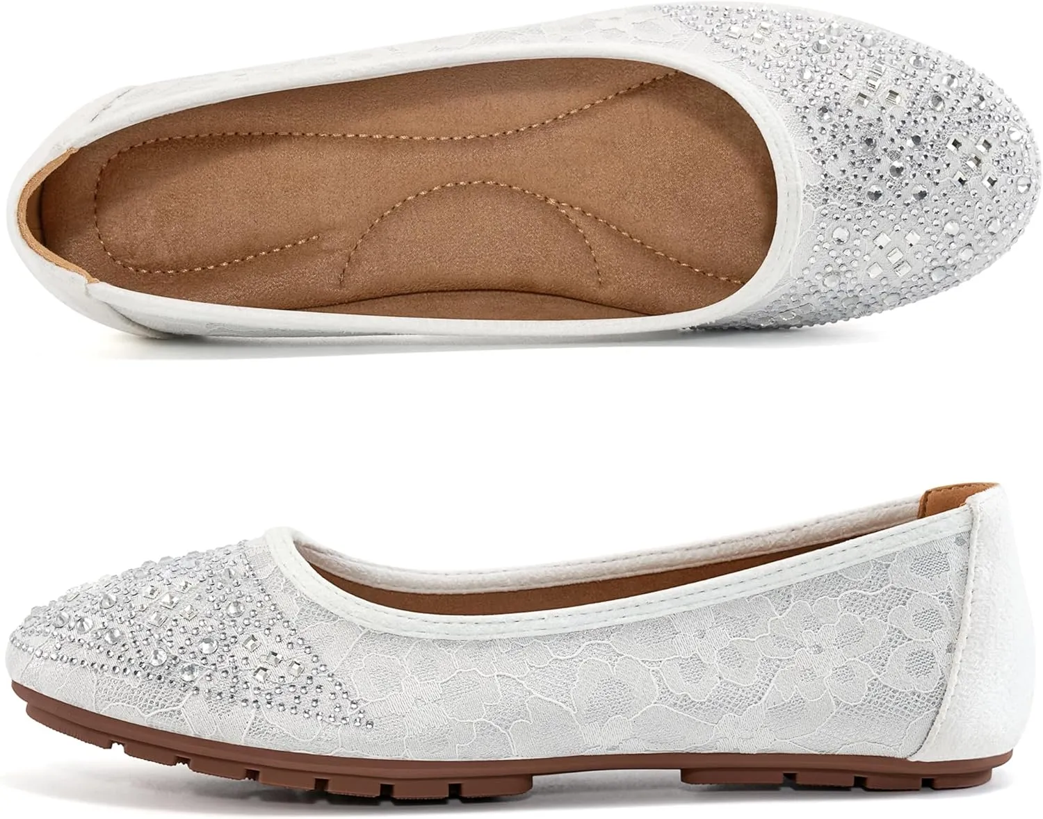 Ballet Flats for Women Dressy : Comfortable Dress Rhinestone Lace Wedding Flat - Ladies Slip On Walking Office Shoes