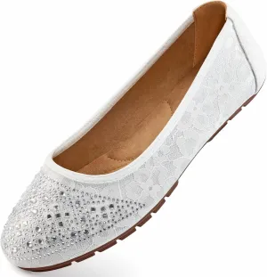 Ballet Flats for Women Dressy : Comfortable Dress Rhinestone Lace Wedding Flat - Ladies Slip On Walking Office Shoes