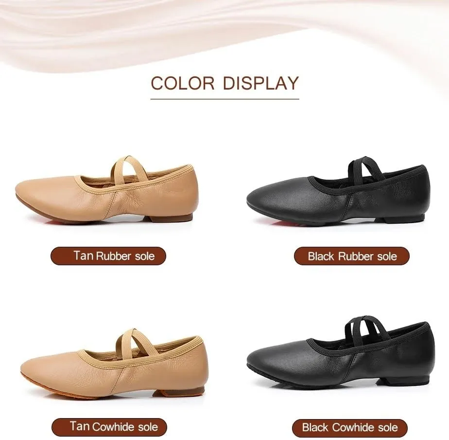 Ballet Shoes Genuine Leather Jazz Shoes Jazz Dance Shoes Tan Black Antiskid Sole Adults Dance Sneakers for Girls Women Dance Shoes(Tan Cowhide Sole,36)