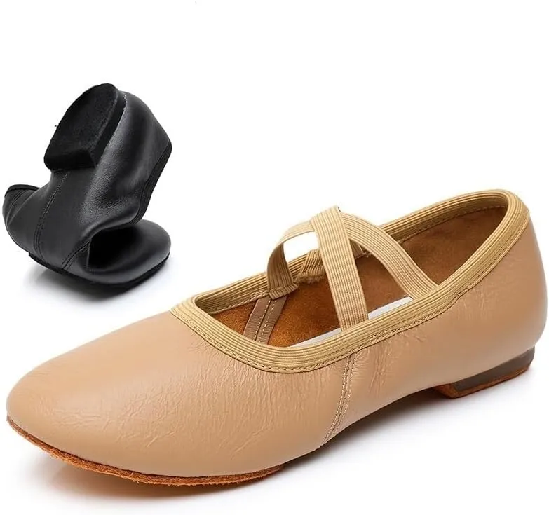 Ballet Shoes Genuine Leather Jazz Shoes Jazz Dance Shoes Tan Black Antiskid Sole Adults Dance Sneakers for Girls Women Dance Shoes(Tan Cowhide Sole,36)