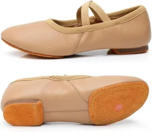Ballet Shoes Genuine Leather Jazz Shoes Jazz Dance Shoes Tan Black Antiskid Sole Adults Dance Sneakers for Girls Women Dance Shoes(Tan Cowhide Sole,36)