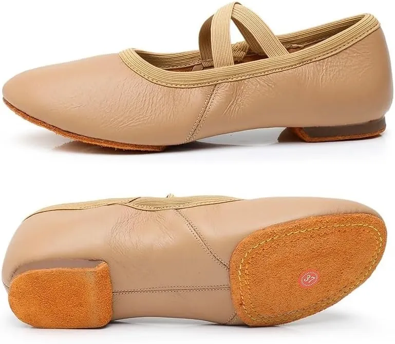 Ballet Shoes Genuine Leather Jazz Shoes Jazz Dance Shoes Tan Black Antiskid Sole Adults Dance Sneakers for Girls Women Dance Shoes(Tan Cowhide Sole,36)
