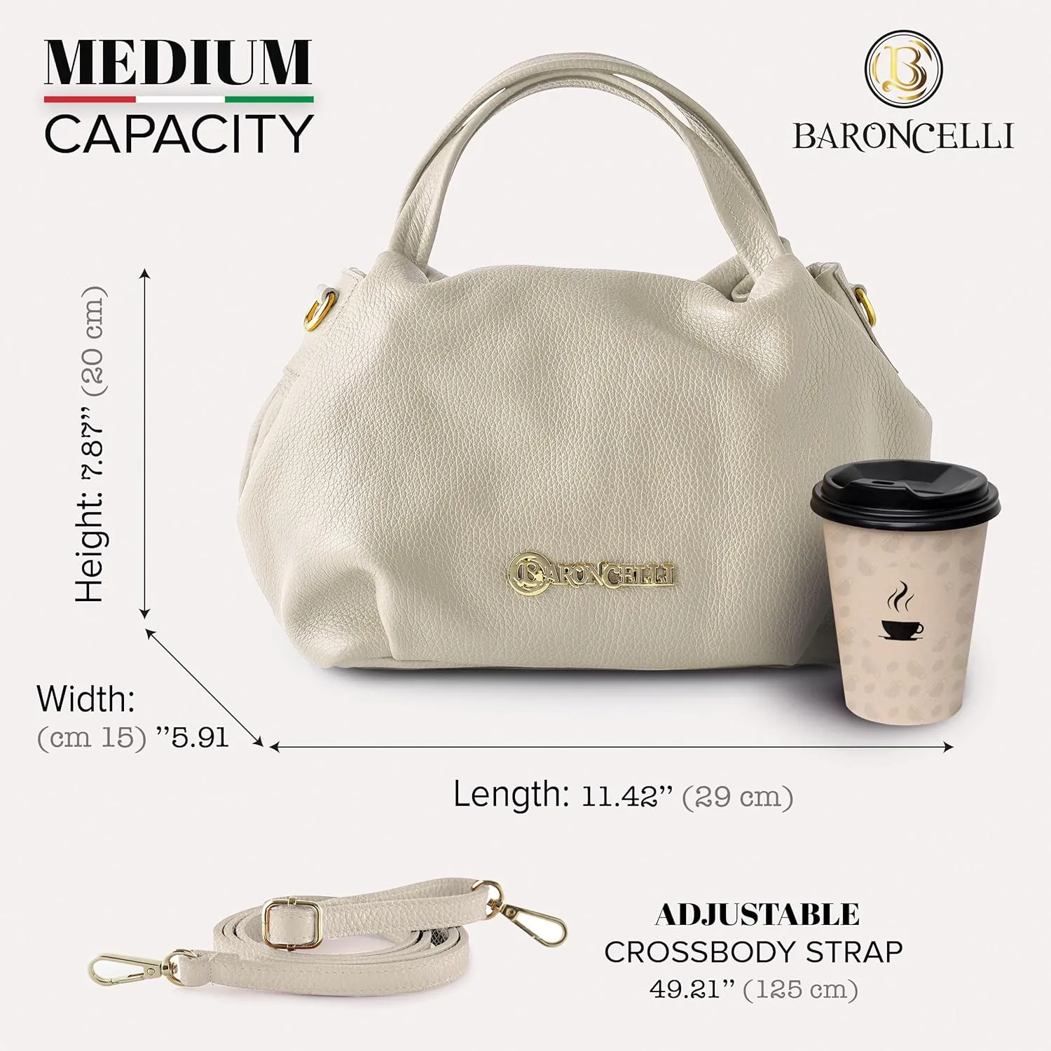 Baroncelli Italian Leather Purse for Women Genuine Soft Leather Medium Size Shoulder Crossbody Bag Made in Italy
