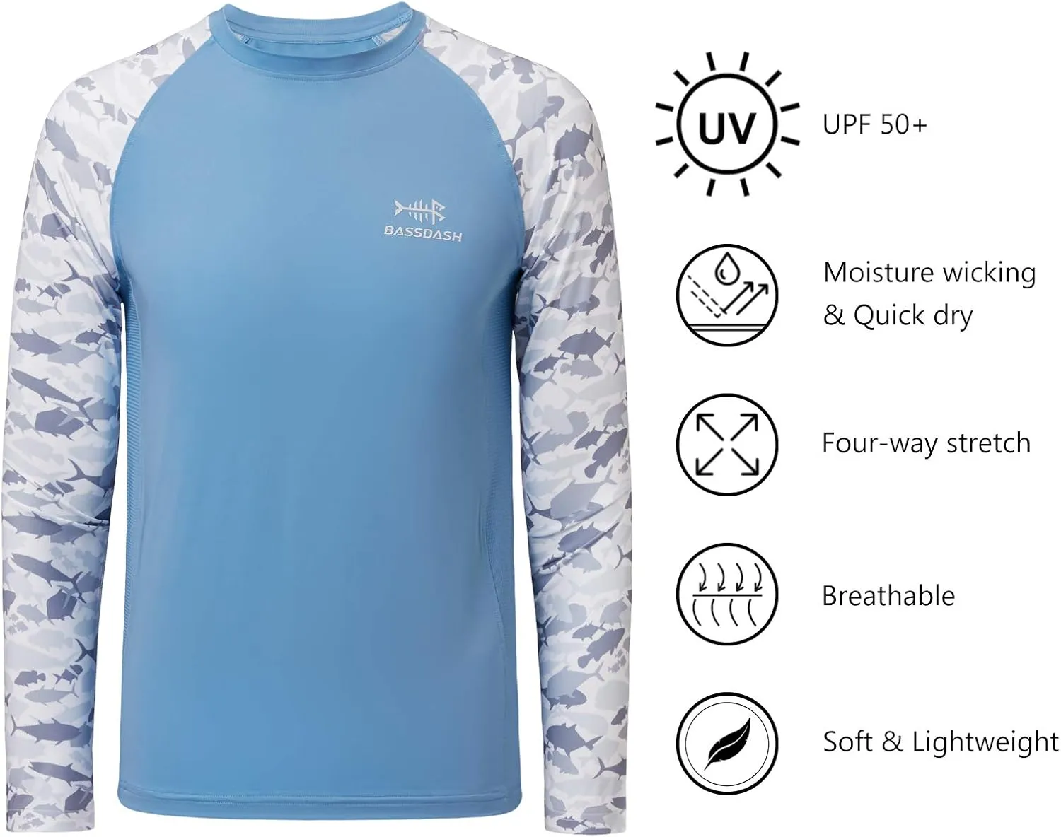 BASSDASH Youth UPF50  Camo Long Sleeve Fishing Shirt UV Protection Quick Dry Tee