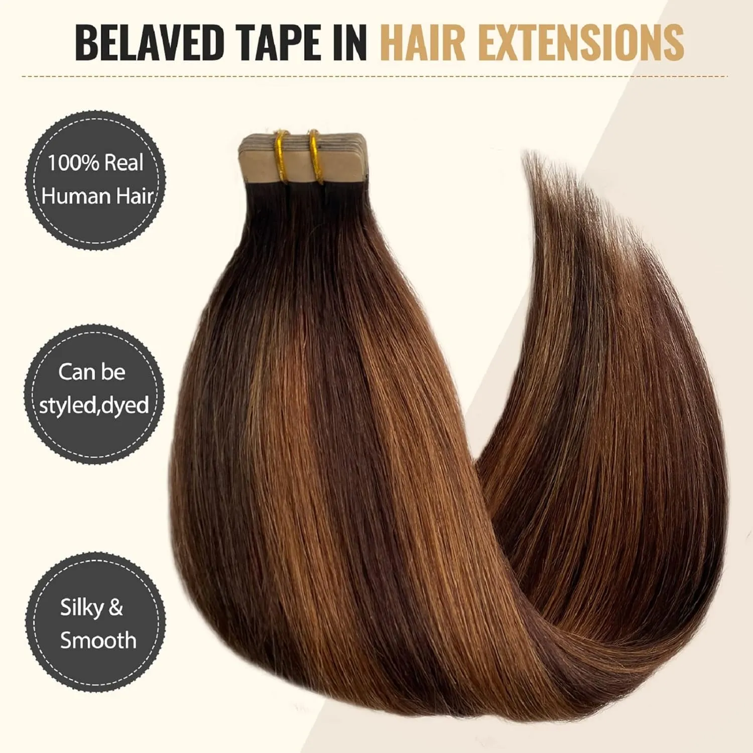 Belaved 100% Natural Human Hair Extensions - Highlighted PU Tape in Hair, Brown with Light Brown Glue, 50 Grams, 20 Pcs, 14 inch