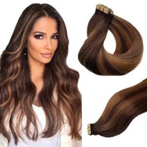 Belaved 100% Natural Human Hair Extensions - Highlighted PU Tape in Hair, Brown with Light Brown Glue, 50 Grams, 20 Pcs, 14 inch