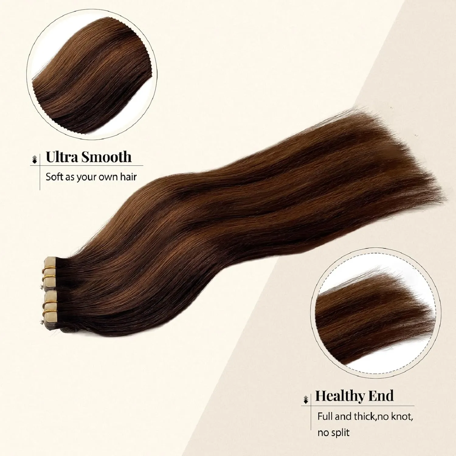 Belaved 100% Natural Human Hair Extensions - Highlighted PU Tape in Hair, Brown with Light Brown Glue, 50 Grams, 20 Pcs, 14 inch