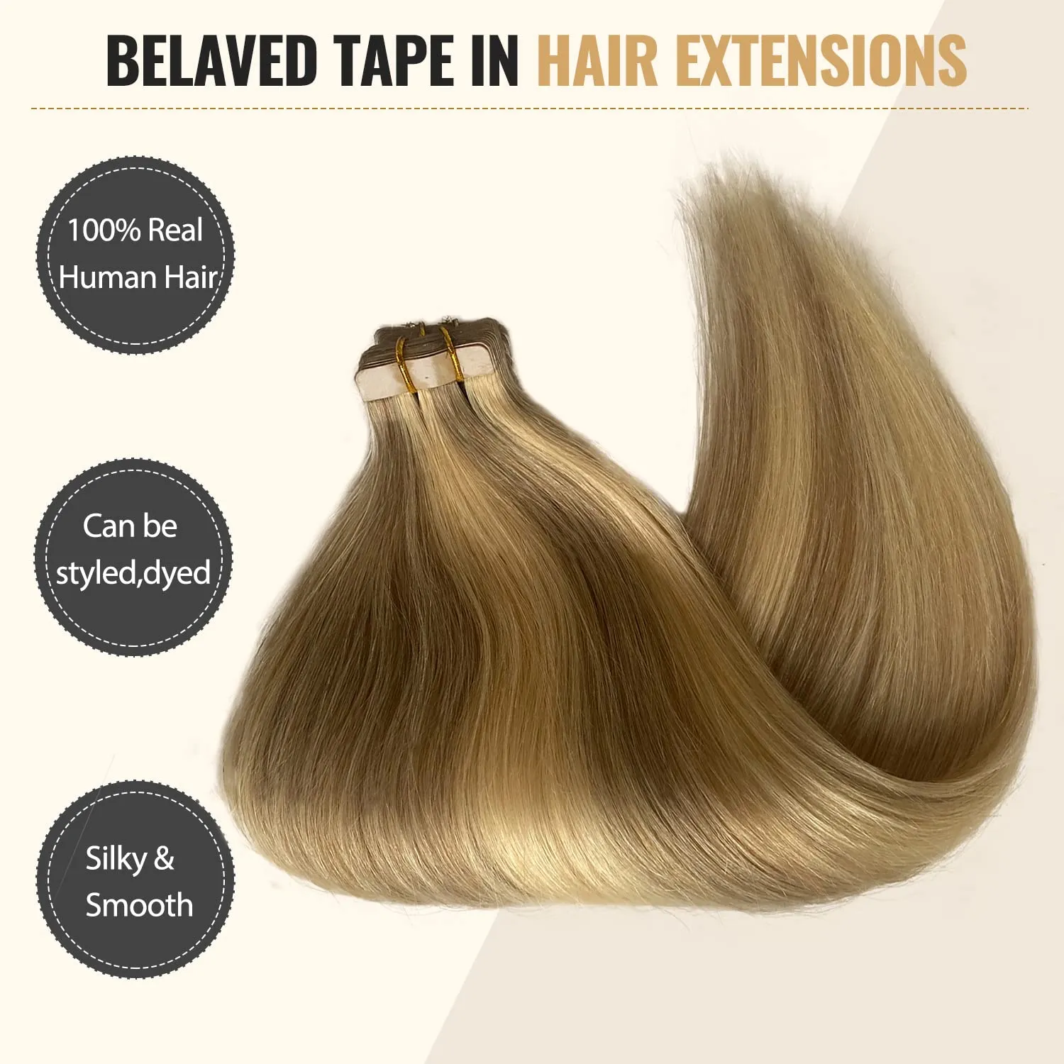 Belaved Real Human Hair Ash Blonde Mix Bleach Blonde Tape in Hair Extensions 14inch Straight Extensions for White Women 50g 20pcs #18p613